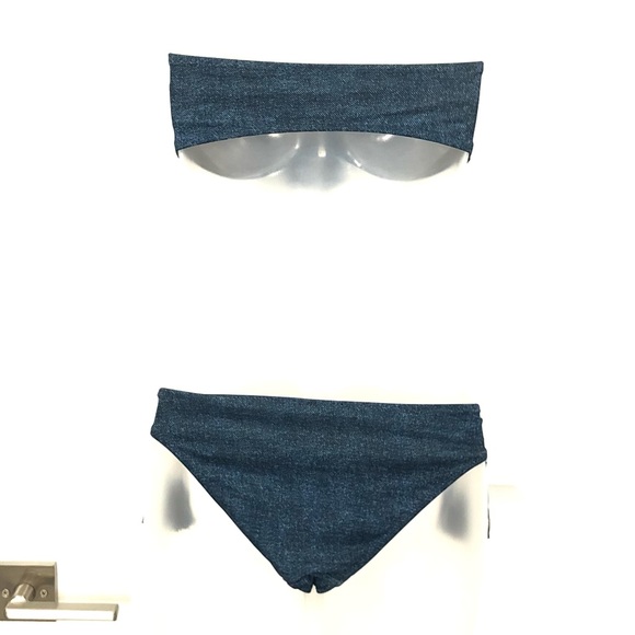 H&M Jean Print Bandeau Zip Bikini Top & Tassle Bikini Bottom - Picture 3 of 7